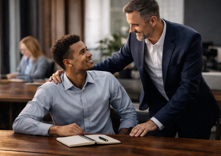 Manager rozmawiający z pracownikiem przy biurku w nowoczesnym biurze, pokazujący wsparcie i zainteresowanie jego pracą.