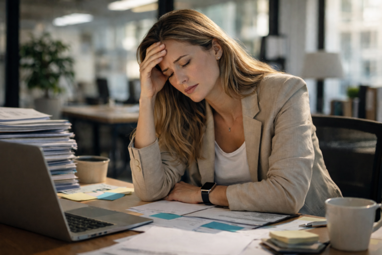 Specjalistka HR siedzi przy biurku w biurze i wygląda na zmęczoną po intensywnym dniu pracy rekrutacyjnej
